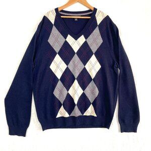 BANANA REPUBLIC Extra Fine Merino Argyle Diamond V Neck Sweater Mens XL Blue